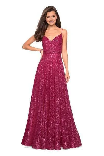 Lace - trimmed wedding guest dresses in blush pinkLa Femme - 27747 Sequined V-neck A-line Dress Lace - trimmed wedding guest dresses in blush pinkLa Femme - 27747 Sequined V-neck A-line Dress