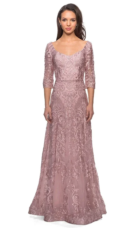 Wedding guest dresses with cut - out details and midi lengthsLa Femme - 27949 Embroidered Lace Overlay A-Line Gown Wedding guest dresses with cut - out details and midi lengthsLa Femme - 27949 Embroidered Lace Overlay A-Line Gown