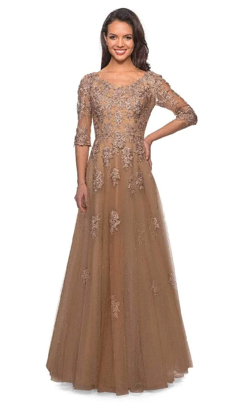 Metallic wedding guest dresses for a glamorous weddingLa Femme - 27977 Embroidered Tulle A-line Floral Gown Metallic wedding guest dresses for a glamorous weddingLa Femme - 27977 Embroidered Tulle A-line Floral Gown