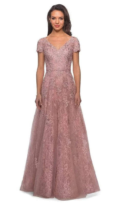 Off - the - shoulder wedding guest dresses in chiffonLa Femme - 28028 Lace Inset Embroidered A-line Gown Off - the - shoulder wedding guest dresses in chiffonLa Femme - 28028 Lace Inset Embroidered A-line Gown