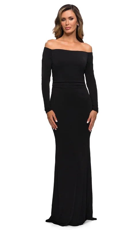 Wedding guest dresses with mesh panels and empire waistsLa Femme - 28054 Off Shoulder Long Sleeves Dress Wedding guest dresses with mesh panels and empire waistsLa Femme - 28054 Off Shoulder Long Sleeves Dress