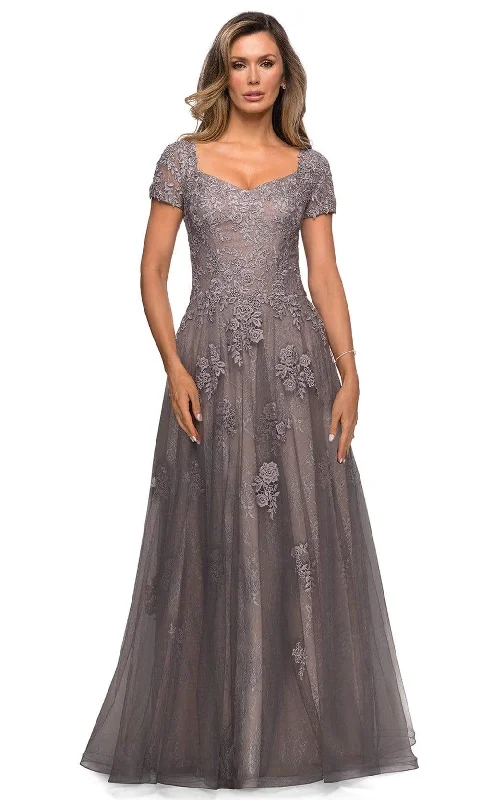 Wedding guest dresses with fringe accents for a bohemian - inspired weddingLa Femme - 28091 Floral Appliqued A-Line Evening Dress Wedding guest dresses with fringe accents for a bohemian - inspired weddingLa Femme - 28091 Floral Appliqued A-Line Evening Dress