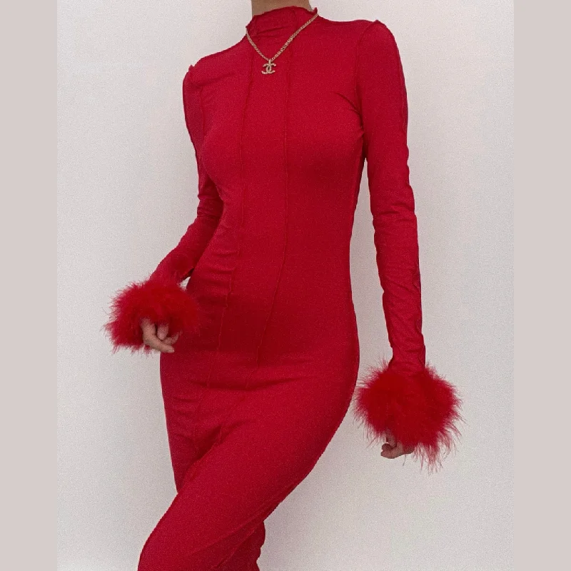 Cocktail dresses with a mesh panel and a high - neck designBerryBetty - Long sleeve solid feather ruffle high neck backless midi dress Cocktail dresses with a mesh panel and a high - neck designBerryBetty - Long sleeve solid feather ruffle high neck backless midi dress