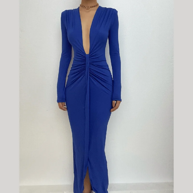 Cocktail dresses with a wrap - front style and a long - length optionBerryBetty - Long sleeve v neck solid ruched slit midi dress Cocktail dresses with a wrap - front style and a long - length optionBerryBetty - Long sleeve v neck solid ruched slit midi dress