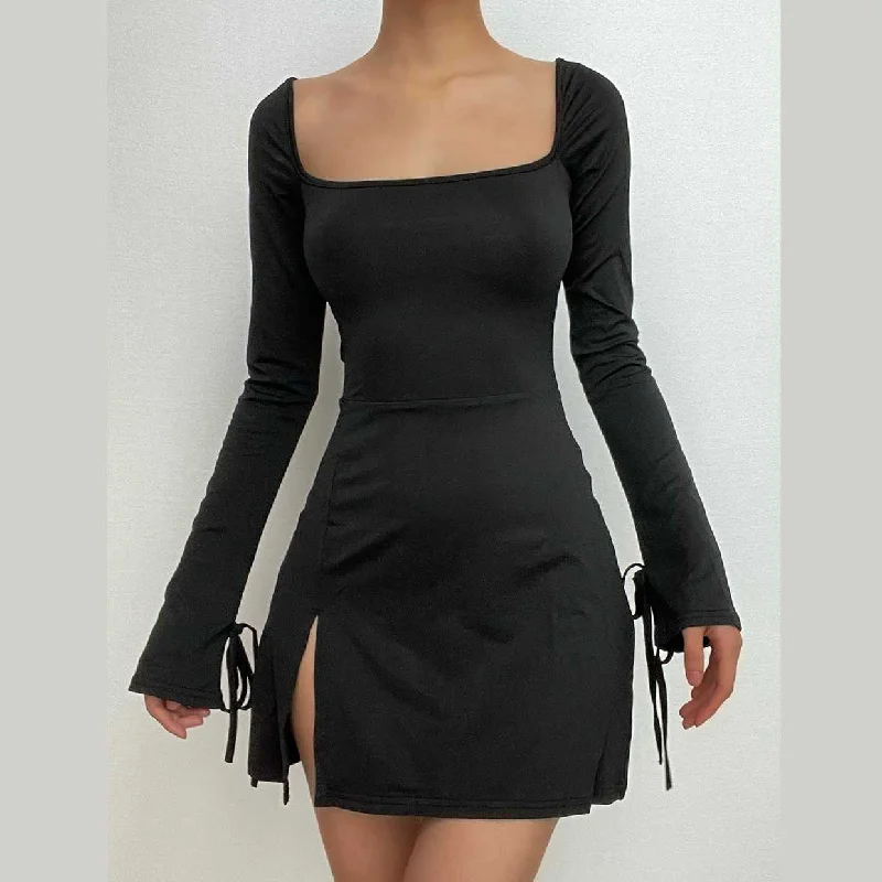 Velvet cocktail dresses with long sleeves for winter galasBerryBetty - Long sleeve solid slit square neck self tie mini dress Velvet cocktail dresses with long sleeves for winter galasBerryBetty - Long sleeve solid slit square neck self tie mini dress