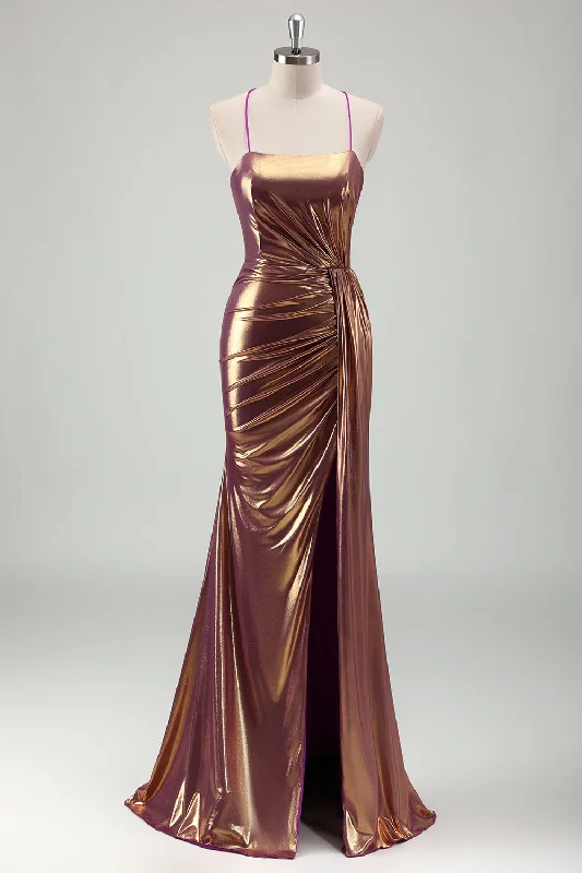 Metallic Gold Mermaid Spaghetti Straps Ruched Long Prom Dress with Slit