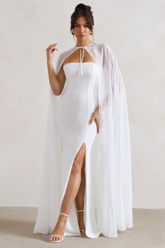 Bow - backed wedding guest dresses in silk for a luxurious feelMythical | White Chiffon Floor-Length Cape Bow - backed wedding guest dresses in silk for a luxurious feelMythical | White Chiffon Floor-Length Cape