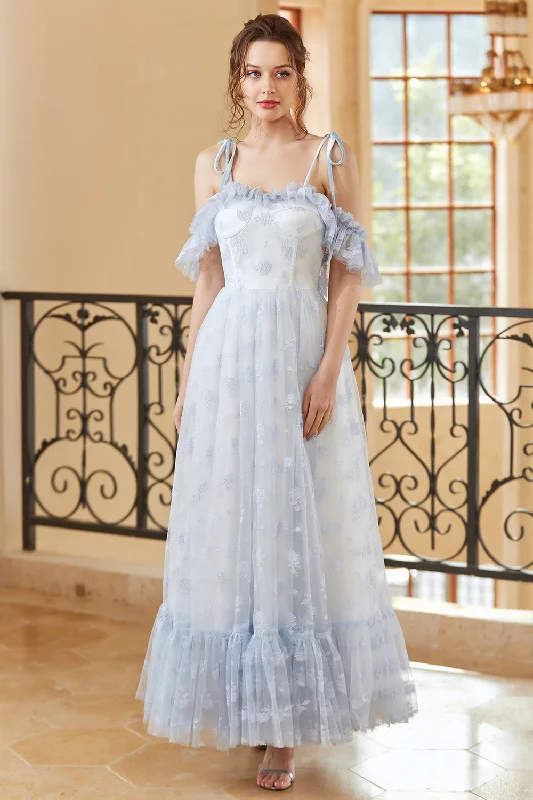 Princess A Line Off the Shoulder Light Blue Long Prom Dress