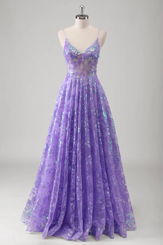 Satin - lined cocktail dresses with a lace outer layerPurple A Line Spaghetti Straps Long Printed Prom Dress With Sequins Satin - lined cocktail dresses with a lace outer layerPurple A Line Spaghetti Straps Long Printed Prom Dress With Sequins