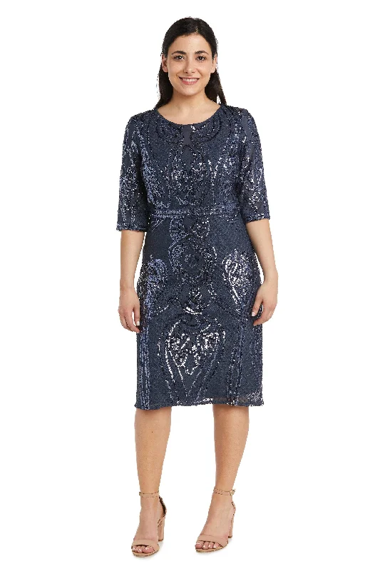 Wedding guest dresses with cold - shoulder ruffled sleeves and knee - length hemsR&M Richards 7434P Petite Long Sleeve Short Dress