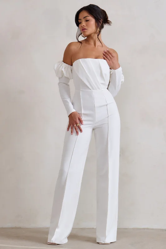 Wedding guest dresses with puff sleeves and knee - length hemsReema | White Bardot Puff Long Sleeve Jumpsuit Wedding guest dresses with puff sleeves and knee - length hemsReema | White Bardot Puff Long Sleeve Jumpsuit