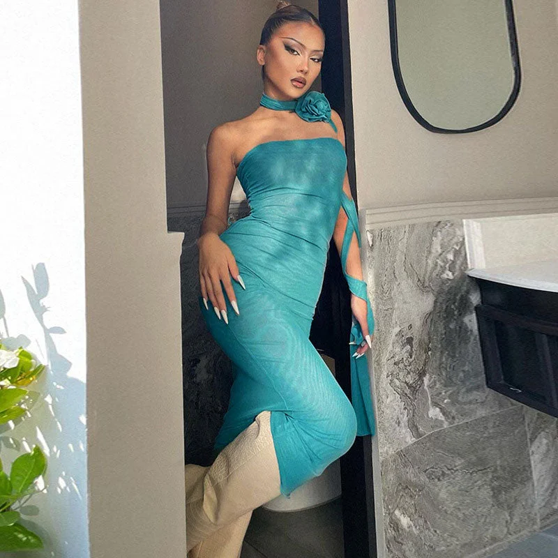 Lace - trimmed cocktail dresses in a pastel color for a soft appearanceBerryBetty - 3D Floral Choker Detail Strapless Bodycon Party Midi Dress - Turquoise Lace - trimmed cocktail dresses in a pastel color for a soft appearanceBerryBetty - 3D Floral Choker Detail Strapless Bodycon Party Midi Dress - Turquoise