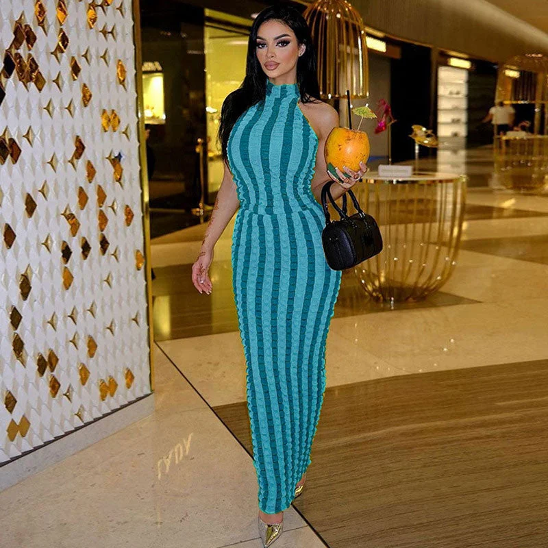 Cocktail dresses with a keyhole back and a midi - lengthBerryBetty - Popcorn Striped High Neck Sleeveless Bodycon Maxi Dress - Blue Cocktail dresses with a keyhole back and a midi - lengthBerryBetty - Popcorn Striped High Neck Sleeveless Bodycon Maxi Dress - Blue