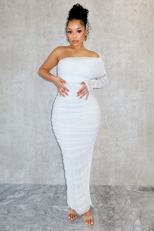 Asymmetric - hem cocktail dresses in a bold color for a fashion - forward lookSo Dramatic Mesh Ruched One Sleeve Dress Asymmetric - hem cocktail dresses in a bold color for a fashion - forward lookSo Dramatic Mesh Ruched One Sleeve Dress
