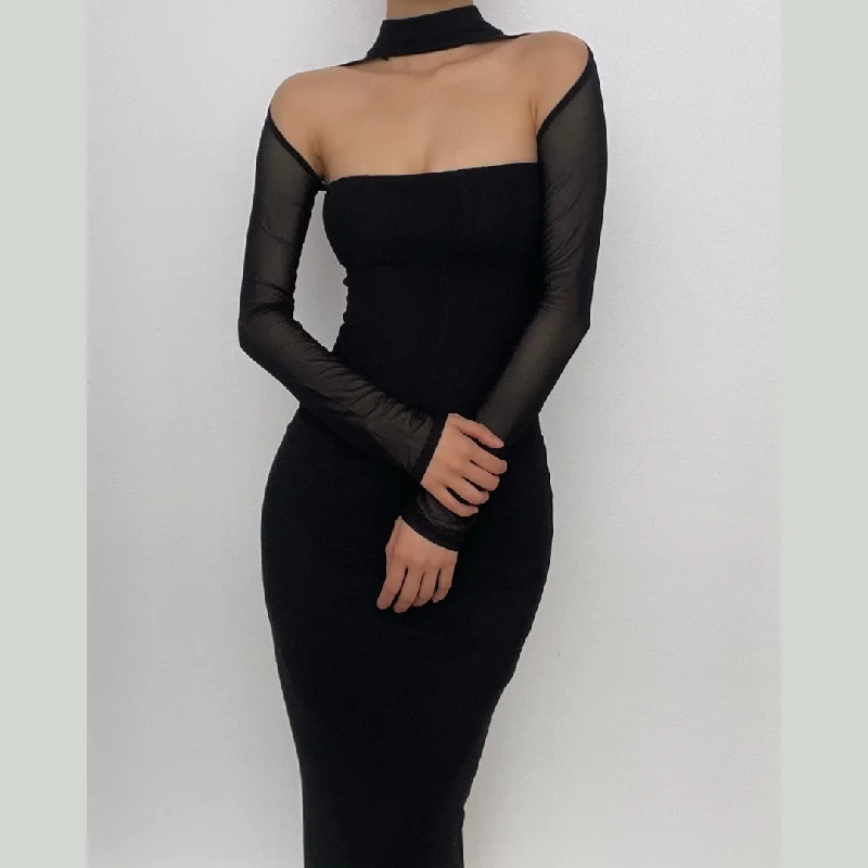 Sheer cocktail dresses with a lining and a short hemBerryBetty - Solid halter mesh long sleeve zip-up hollow out midi dress Sheer cocktail dresses with a lining and a short hemBerryBetty - Solid halter mesh long sleeve zip-up hollow out midi dress