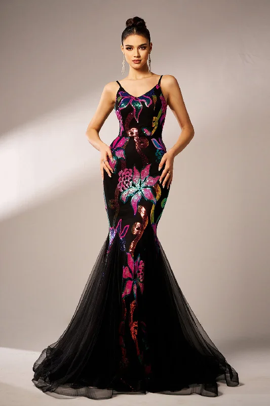 Long - cocktail dresses with a slit and a fitted bodiceSparkly Floral Black Mermaid Spaghetti Straps Tulle Prom Dress Long - cocktail dresses with a slit and a fitted bodiceSparkly Floral Black Mermaid Spaghetti Straps Tulle Prom Dress
