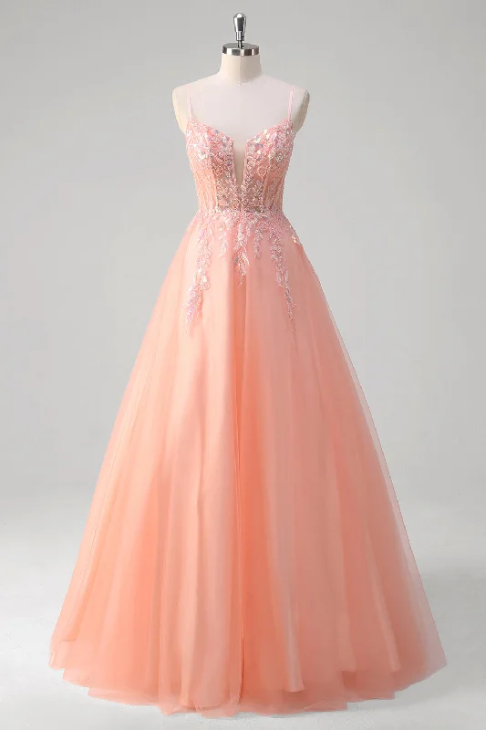 Ribbed - texture cocktail dresses with a cap - sleeve designSparkly Peach A-Line Corset Floral Tulle Long Prom Dress with Beaded Ribbed - texture cocktail dresses with a cap - sleeve designSparkly Peach A-Line Corset Floral Tulle Long Prom Dress with Beaded