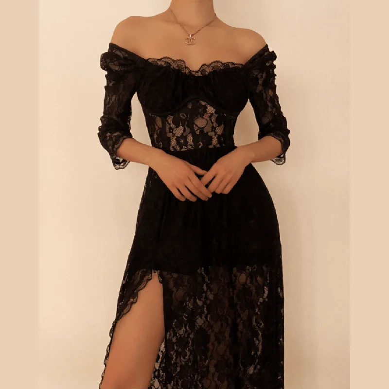 Cocktail dresses with a gathered skirt and a button - down frontBerryBetty - Square neck hem lace slit long sleeve midi dress Cocktail dresses with a gathered skirt and a button - down frontBerryBetty - Square neck hem lace slit long sleeve midi dress