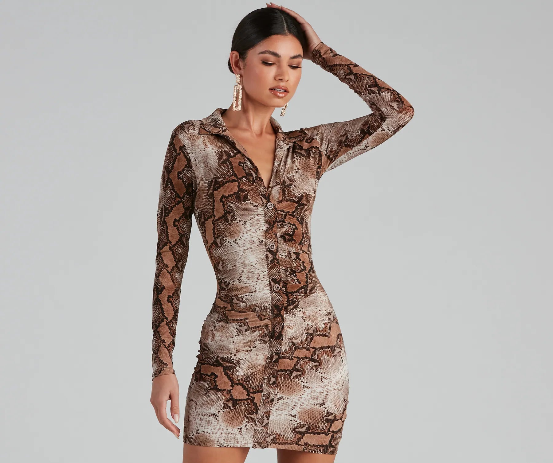 Bodycon dress with a halter neck​Stun In Snake Print Button-Down Dress
