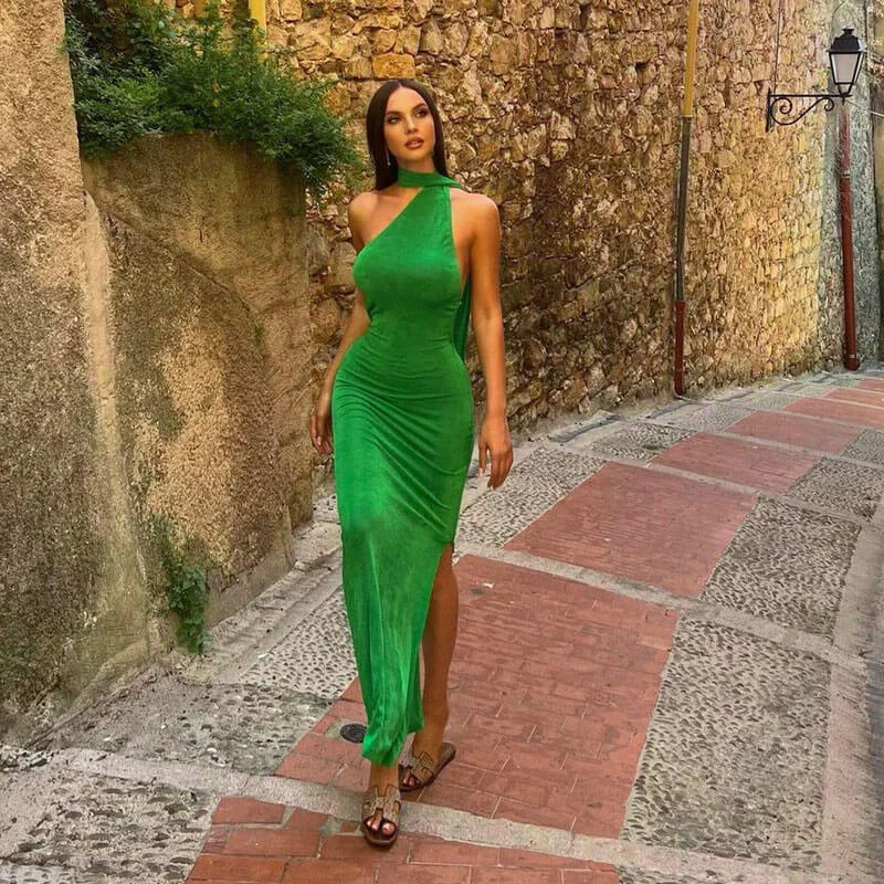 One - shoulder cocktail dresses in emerald green for a bold statementBerryBetty - Stunning Draped Trim Low Back Sleeveless Split Formal Maxi Dress - Green