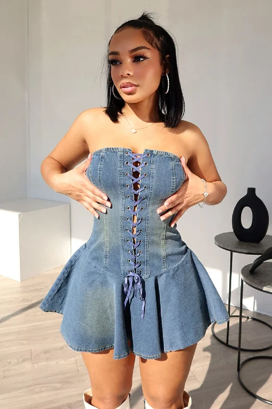 Cocktail dresses with a metallic - embroidered pattern and a midi - hemSweet Denim Corset Flare Mini Dress Cocktail dresses with a metallic - embroidered pattern and a midi - hemSweet Denim Corset Flare Mini Dress