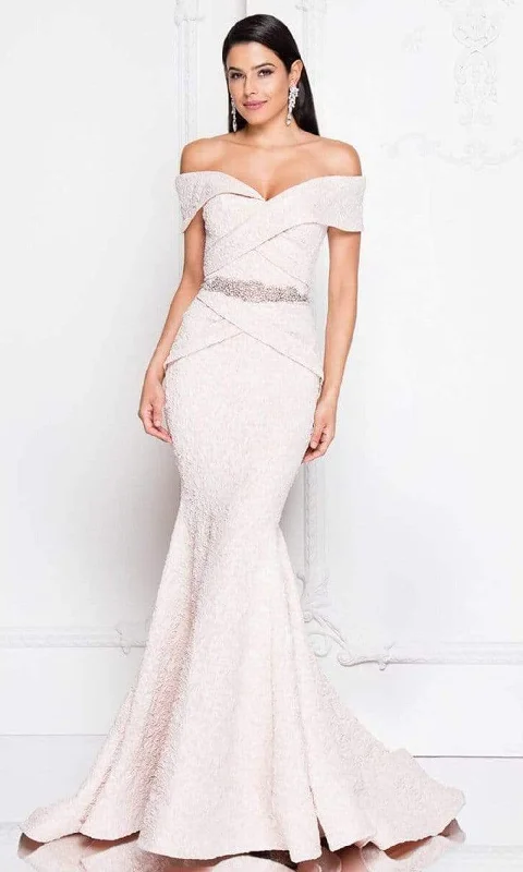 Wedding guest dresses with ruched bodices and spaghetti strapsTerani Couture - 1812M6657 Off-Shoulder Brocade Mother of the Groom Gown Wedding guest dresses with ruched bodices and spaghetti strapsTerani Couture - 1812M6657 Off-Shoulder Brocade Mother of the Groom Gown