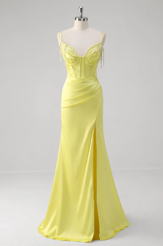 Cocktail dresses with a gathered skirt and a button - down frontYellow Mermaid Corset Spaghetti Straps Long Prom Dress With Slit Cocktail dresses with a gathered skirt and a button - down frontYellow Mermaid Corset Spaghetti Straps Long Prom Dress With Slit