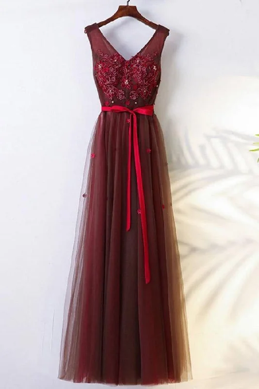 Tea - length party dresses for a sophisticated and versatile optionA-Line Crew Floor-Length Burgundy Tulle Belt Prom Dress with Appliques PG702 Tea - length party dresses for a sophisticated and versatile optionA-Line Crew Floor-Length Burgundy Tulle Belt Prom Dress with Appliques PG702