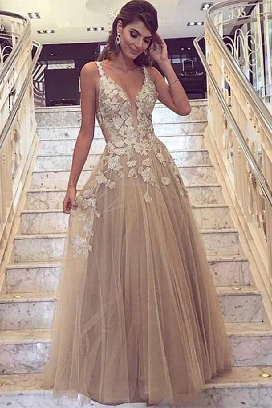 Party dresses with a leatherette material for a tough and stylish appearanceA-Line Deep V-Neck Tulle Prom/Formal Dress with Lace Appliques PG729 Party dresses with a leatherette material for a tough and stylish appearanceA-Line Deep V-Neck Tulle Prom/Formal Dress with Lace Appliques PG729