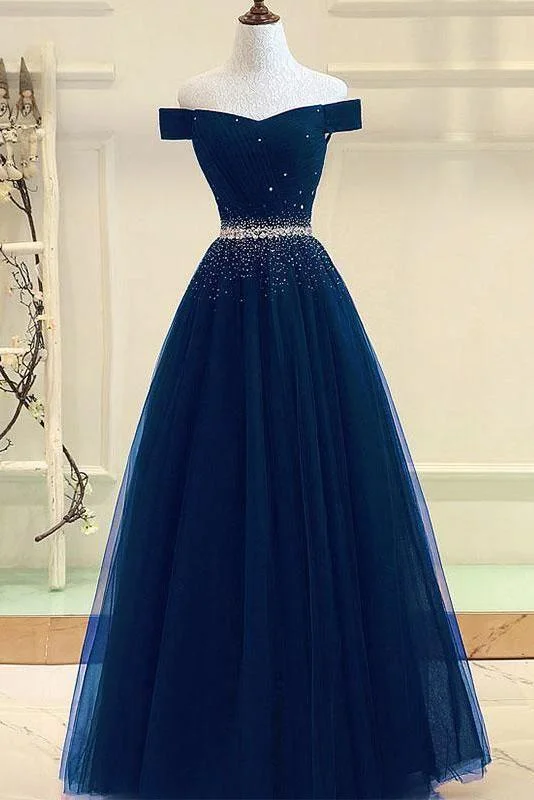 Party dresses with a paisley pattern for a bohemian - inspired lookA-line Off The Shoulder Navy Blue Tulle Prom Dress With Beading PG737 Party dresses with a paisley pattern for a bohemian - inspired lookA-line Off The Shoulder Navy Blue Tulle Prom Dress With Beading PG737