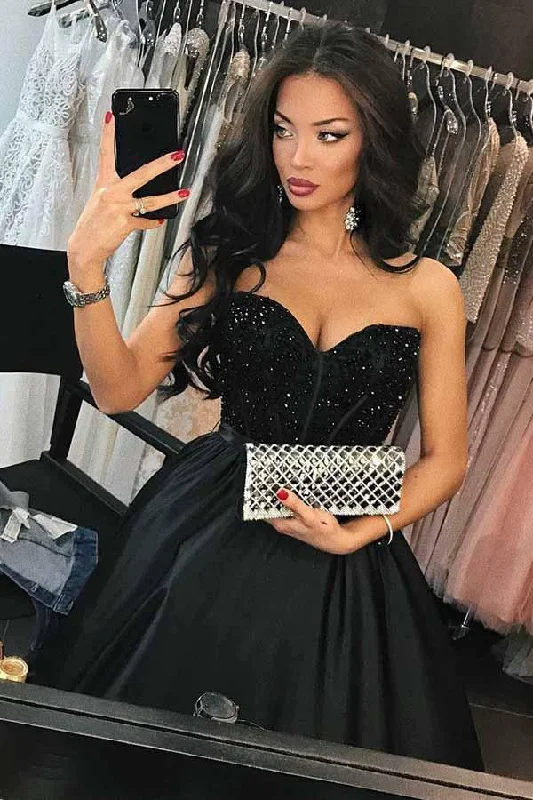 A-Line Sweetheart Navy Blue Satin Prom Dress with Beading  PG573