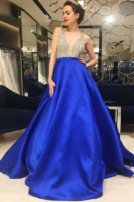 Empire - waist party dresses to accentuate the waistlineA-Line V-Neck Low Cut Royal Blue Satin Prom/Evening Dress with Beading PG758 Empire - waist party dresses to accentuate the waistlineA-Line V-Neck Low Cut Royal Blue Satin Prom/Evening Dress with Beading PG758