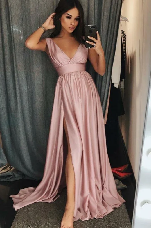 Party dresses with a lace overlay for a feminine touchA-Line V-Neck Sleeves Pink Satin Prom/Evening Dress with Split PG744 Party dresses with a lace overlay for a feminine touchA-Line V-Neck Sleeves Pink Satin Prom/Evening Dress with Split PG744