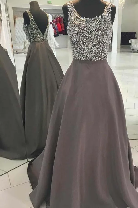 Backless Grey Beaded V Neck A-line Long Evening Prom Dresses  PG578