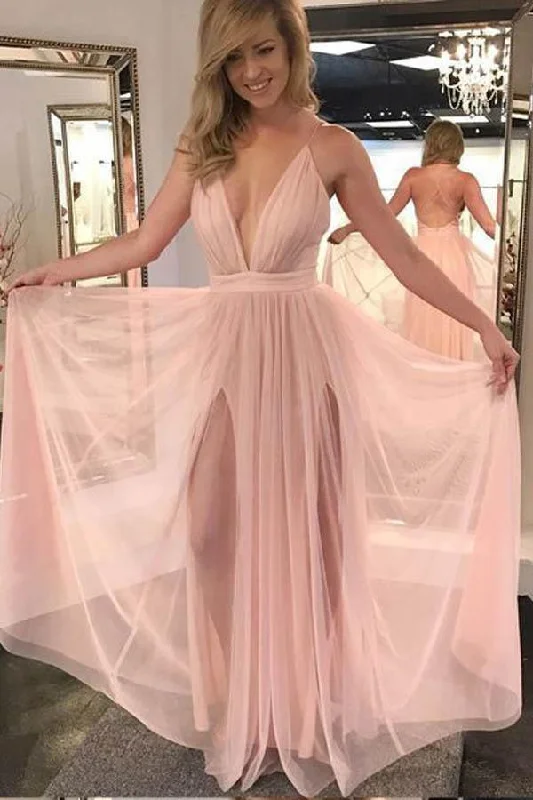 Strapless party dresses with a beaded bodice for added eleganceCharming A Line V Neck Backless Chiffon Slit Pink Long Prom Dresses PG710 Strapless party dresses with a beaded bodice for added eleganceCharming A Line V Neck Backless Chiffon Slit Pink Long Prom Dresses PG710