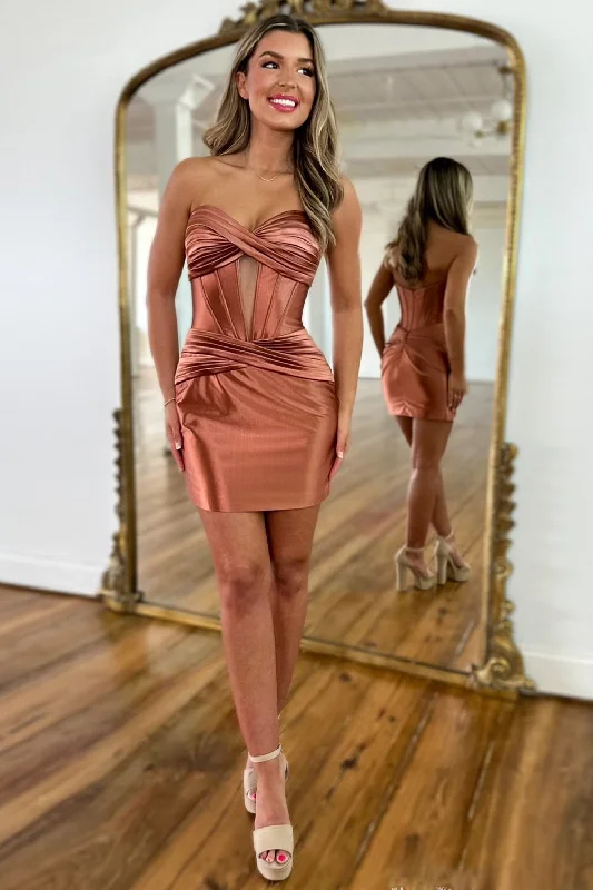 Sparkly sequined party dresses for a glamorous lookCopper Strapless Satin Bodycon Short Prom Dress Sparkly sequined party dresses for a glamorous lookCopper Strapless Satin Bodycon Short Prom Dress