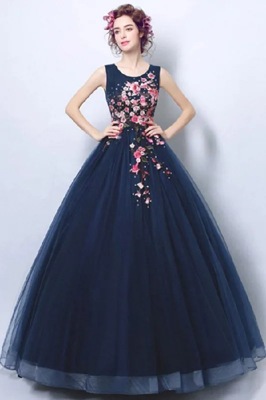 Party dresses with a metallic - thread embroidery for a luxurious touchDark Navy Blue Ball Gown Formal Prom Dress With Applique PG698 Party dresses with a metallic - thread embroidery for a luxurious touchDark Navy Blue Ball Gown Formal Prom Dress With Applique PG698