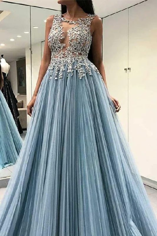 Party dresses with a satin - lined interior for added comfort​Decent Scoop Sky Blue Open Back Long Formal Prom Dress with Appliques  PG747