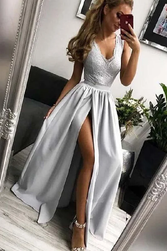 Tea - length party dresses for a sophisticated and versatile optionElegant A Line V Neck Open Back Split Light Grey Lace Long Prom Dresses PG751 Tea - length party dresses for a sophisticated and versatile optionElegant A Line V Neck Open Back Split Light Grey Lace Long Prom Dresses PG751