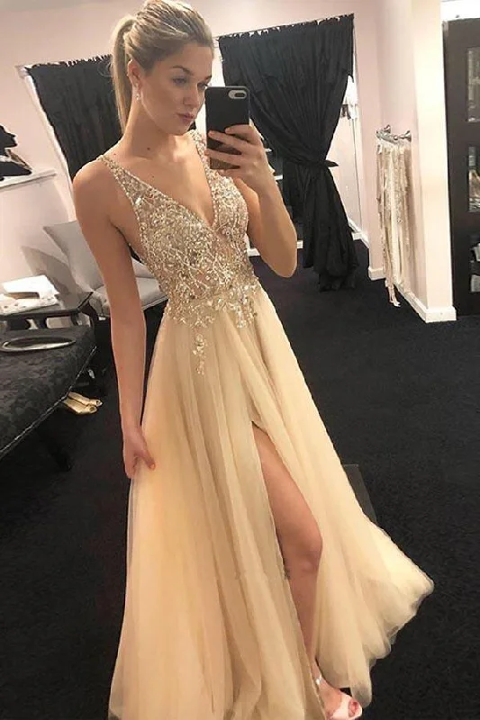 Party dresses with a handkerchief hem for a unique and flowing styleElegant A Line V Neck Open Back Split Yellow Beaded Long Prom Dresses PG716 Party dresses with a handkerchief hem for a unique and flowing styleElegant A Line V Neck Open Back Split Yellow Beaded Long Prom Dresses PG716