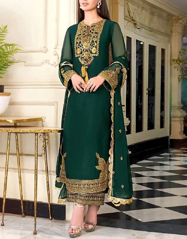 Elegant Embroidered Green Chiffon Party Dress 2024 (DZ15433)