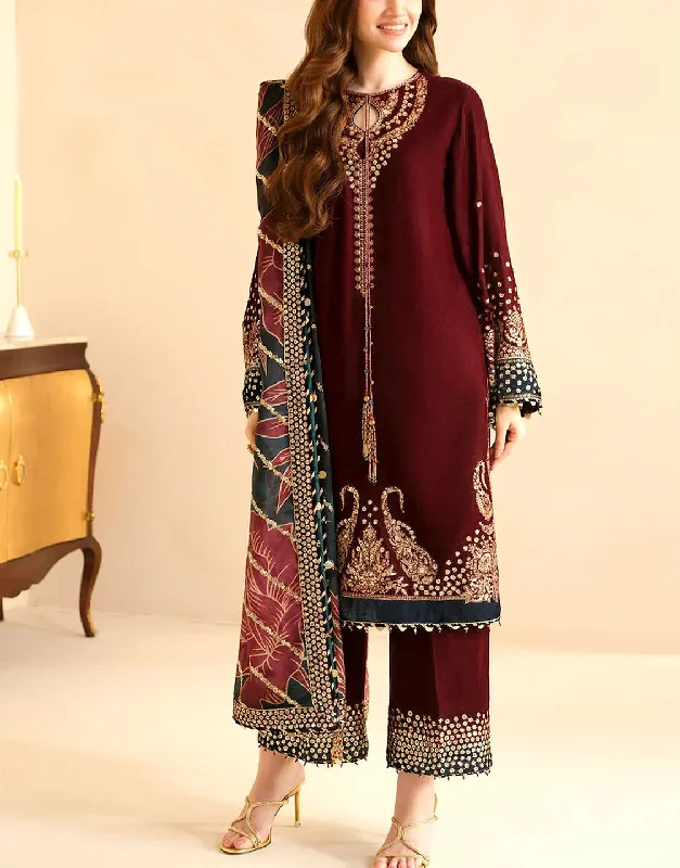 Plus - size party dresses with a flattering cut for all body types​Formal Embroidered Maroon Velvet Dress 2024 with Emb. Organza Dupatta (DZ17648)