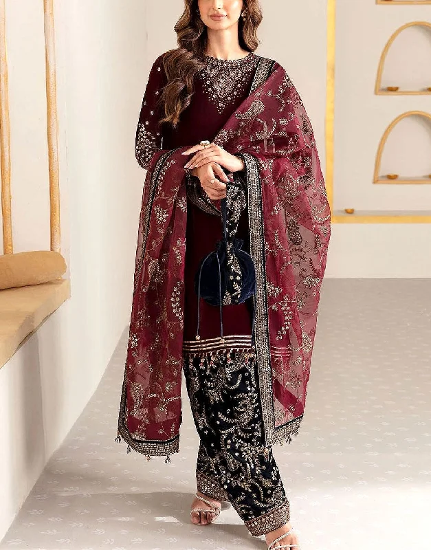 Trendy Embroidered Velvet Party Wear Dress with Emb. Silk Trouser (DZ17616)