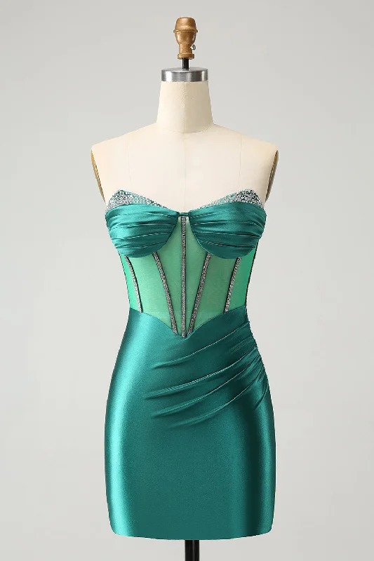 Party dresses with a criss - cross back design for a stylish detailGlitter Dark Green Beaded Corset Satin Short Prom Dress Party dresses with a criss - cross back design for a stylish detailGlitter Dark Green Beaded Corset Satin Short Prom Dress