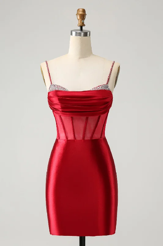 Satin party dresses with a smooth and lustrous finishGlitter Dark Red Corset Beaded Tight Party Dress Satin party dresses with a smooth and lustrous finishGlitter Dark Red Corset Beaded Tight Party Dress