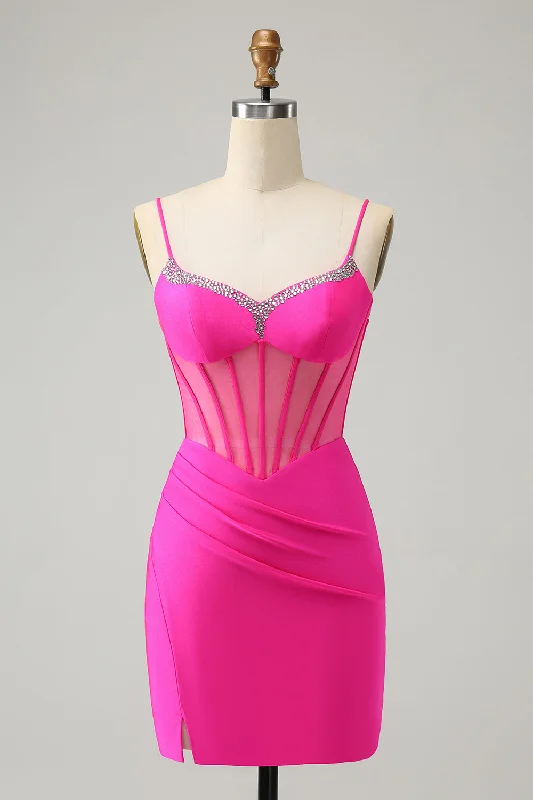 Party dresses with a ruched fabric for a textured and flattering effectGlitter Fuchsia Beaded Corset Tight Short Prom Dress Party dresses with a ruched fabric for a textured and flattering effectGlitter Fuchsia Beaded Corset Tight Short Prom Dress