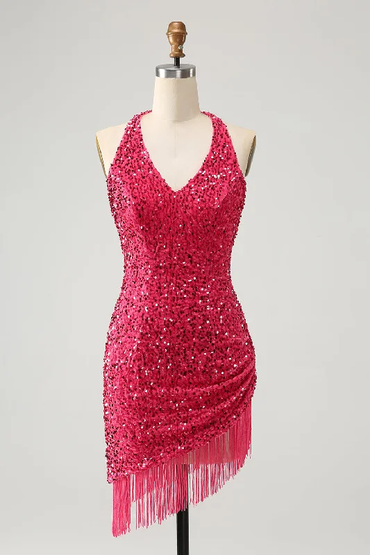 Party dresses with a metallic - thread embroidery for a luxurious touchGlitter Fuchsia Sequins Halter Tight Short Prom Dress with Tassels Party dresses with a metallic - thread embroidery for a luxurious touchGlitter Fuchsia Sequins Halter Tight Short Prom Dress with Tassels