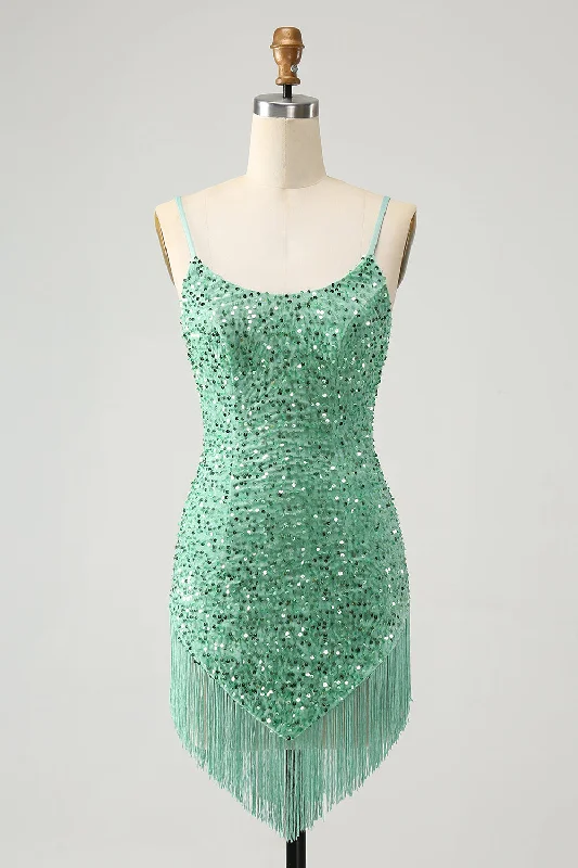 Retro - style party dresses inspired by the 1920s - 1980sGlitter Sage Tight Scoop Short Prom Dress with Tassels Retro - style party dresses inspired by the 1920s - 1980sGlitter Sage Tight Scoop Short Prom Dress with Tassels