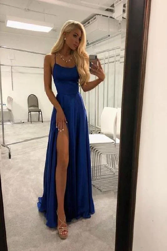Party dresses with a polka - dot pattern for a classic and playful styleHigh Slit Spaghetti straps Royal Blue Long Prom/Evening Dresses PG750 Party dresses with a polka - dot pattern for a classic and playful styleHigh Slit Spaghetti straps Royal Blue Long Prom/Evening Dresses PG750