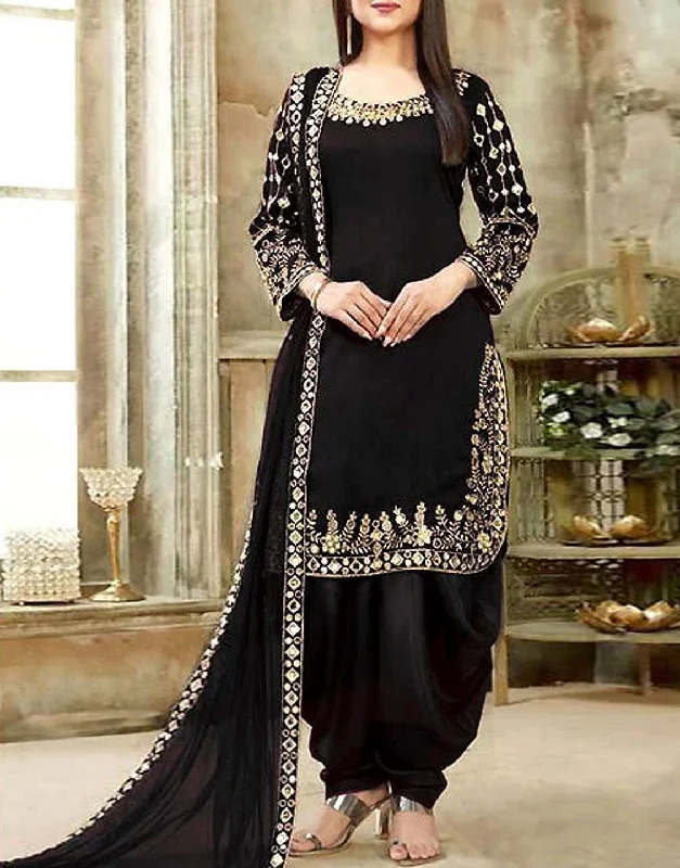 Mirror Work Embroidered Black Chiffon Dress (DZ13562)